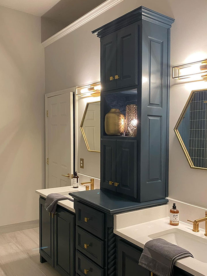 bathroom cabinet painted with blue navy paint